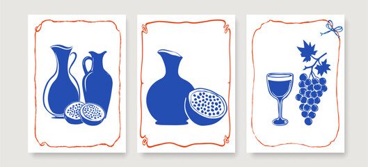 Wall Art Posters Set for Kitchen, Cafe, Food Design in Hand Drawn Style. Wine and Grapes Wall Art Print Collection in Sketch Trendy Style. Vector Illustration