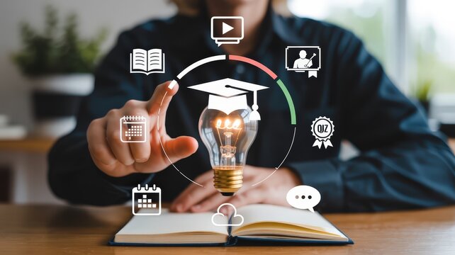 Individual interacts with digital icons representing various aspects of digital education and learning cycles