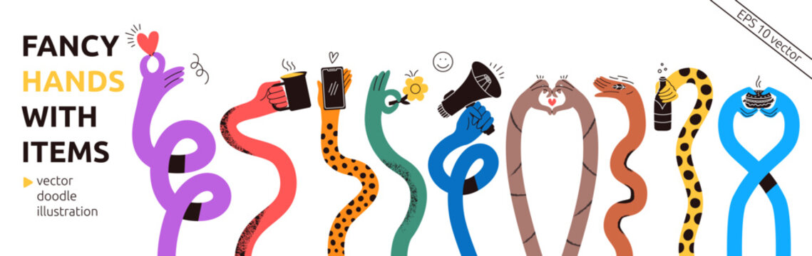 Textured Flexible Long Arm Hand Banner. Colorful Abstract Hands Flexible Gesture with Funky Style Kit. Vector Doodle Illustration
