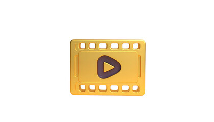 Obraz premium A 3D rendered gold filmstrip icon with a play button in the center, isolated on black