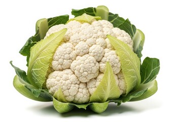Fresh whole cauliflower with green leaves isolated on white background