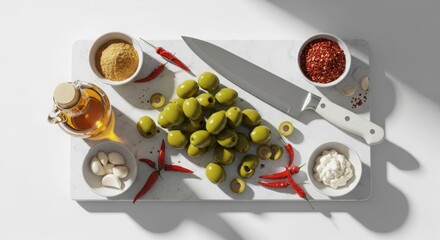 Overhead view of green olives, spices, garlic, and knife on white cutting board for appetizer preparation