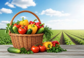 Freshly harvested vegetables in wicker basket on wooden table with sunny farm field background