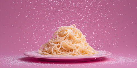 Delicate plate of spaghetti with powdered sugar on magenta backdrop
