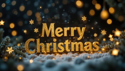 Glittering 3D "Merry Christmas" Text in Gold against Dark Snowy Night Background with Warm Bokeh Lights [with copy space]