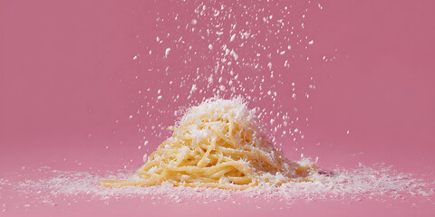 Delicate plate of spaghetti with cheese on magenta backdrop, creating playful and inviting scene
