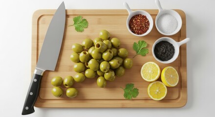 Fresh green olives with spices, lemon slices, and chef knife on wooden cutting board for cooking preparation