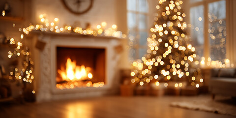 cozy living room decorated for Christmas, featuring glowing fireplace and beautifully lit tree, creating warm atmosphere