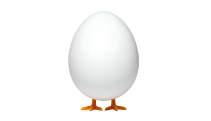 A large white egg with tiny orange feet, set against a solid black background