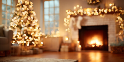 cozy living room decorated for Christmas, featuring glowing fireplace and beautifully lit tree, creating warm atmosphere