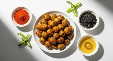 Delicious fried korean snack food called ggultteok or honey rice cakes served with spices and oil on a white background