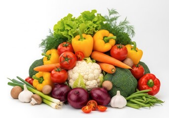 Fresh pile of assorted vegetables including bell peppers, tomatoes, broccoli, cauliflower, carrots, onions, garlic, and lettuce, isolated on white background