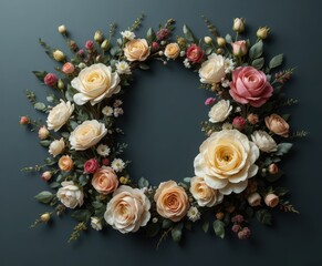 Elegant Vintage Rose Floral Wreath Frame in Cream and Pastel Pink Colors on Dark Teal Background with Copy Space