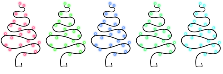 Set Of Multicolor String Light Christmas Trees In Pink, Green, Blue And Aqua On Transparent Background