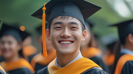 Smiling Asian Graduate Student Wearing Black Cap and Orange Stole Outdoors