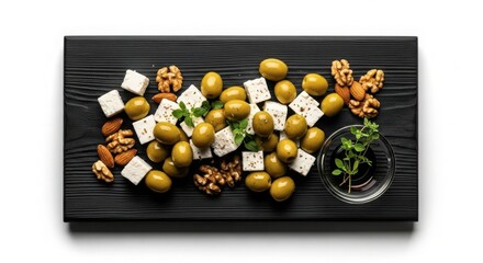 Appetizer platter with green olives, feta cheese cubes, walnuts, and fresh herbs on a dark wooden board
