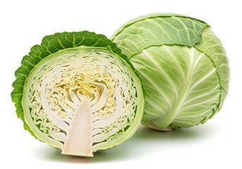 Two fresh green cabbages, one whole and one cut in half showing the inner layers, isolated on white background