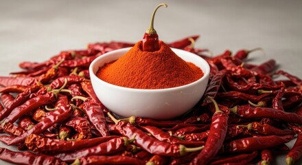 Vibrant red chili powder heaped in a small white bowl surrounded by a large pile of dried red chili peppers on a neutral surface