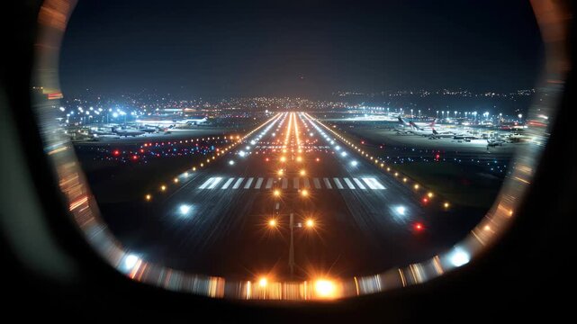 City skyline illuminated at night from airplane window as it approaches runway for landing with vibrant lights below