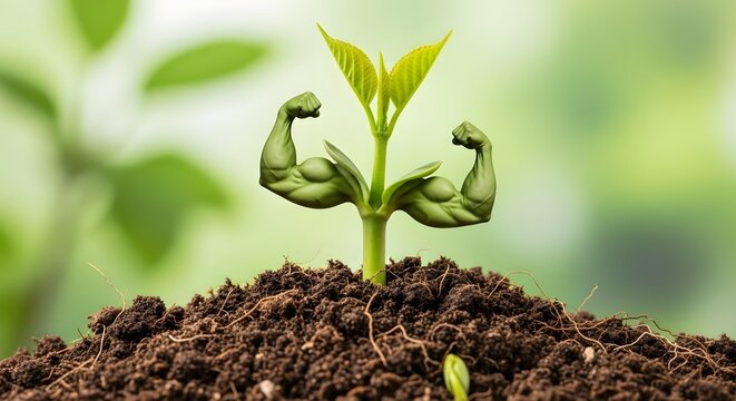 Strong growth and vigorous development. Health, fitness and natural power. Conceptual image of a small plant with muscular arms flexing against a green background