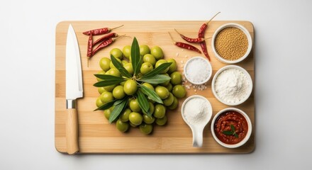 Fresh green olives with spices and ingredients for pickling or cooking on wooden cutting board