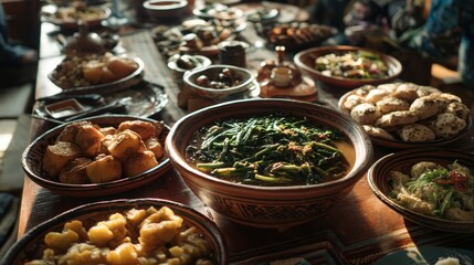 A traditional communal feast table in a generic, non-Western setting, featuring unique, delicious-looking local holiday dishes and a large family gathered around. Global traditions and food culture.