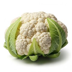 Fresh raw cauliflower with green leaves isolated on white background