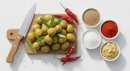Assortment of green olives, spices, and condiments with knife on wooden cutting board