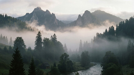 Breathtaking autumn mountain landscape with thick morning fog filling the valleys. Scenic view of rocky peaks rising above the mist and colorful forest trees at sunrise.
