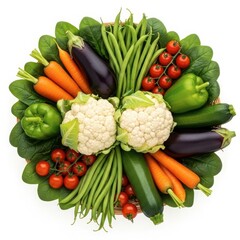 Assortment of fresh vegetables in a woven basket carrots, eggplants, cauliflower, green beans, tomatoes, bell peppers, and zucchini on a