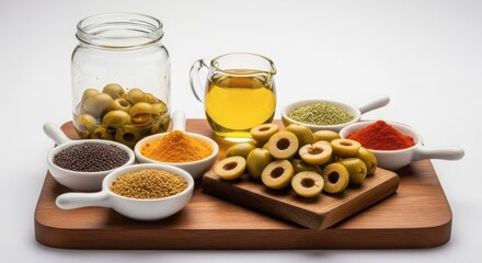Assortment of green olives, olive oil, and various spices on a wooden board