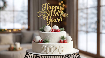 Festive multi-tiered New Year 2026 cake, sparkling "Happy New Year" topper, red berries, and fir, set in a cozy snowy winter room