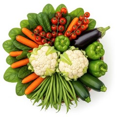 Fresh assortment of colorful vegetables including cauliflower, carrots, spinach, green beans, tomatoes, bell peppers, and eggplant, arranged in a vibrant bouquet shape