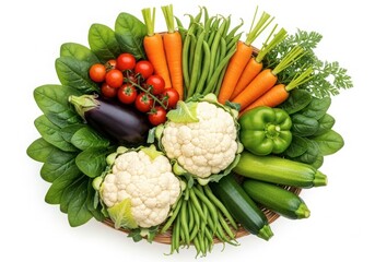 Assortment of fresh organic vegetables including carrots, cauliflower, spinach, tomatoes, eggplant, zucchini, and green beans