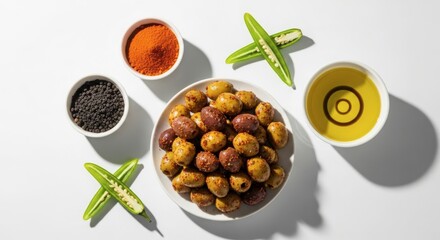 Spicy roasted chickpeas with chili powder, black sesame seeds, olive oil, and sliced green chilies on