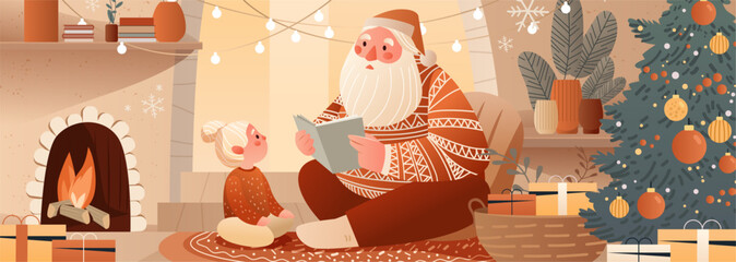 Santa reading Christmas story to child cozy holiday living room fireplace decorated tree gifts warm lights festive atmosphere home interior