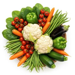 Assortment of fresh vegetables including cauliflower, carrots, tomatoes, spinach, green beans, bell peppers, zucchini, and eggplant, top view