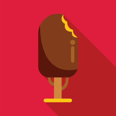 Bitten chocolate ice cream bar on a stick with a filling on a red background represents a sweet refreshing treat