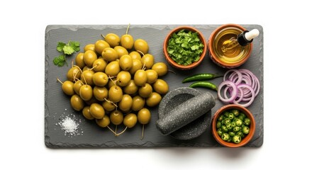 Assortment of fresh green olives, spices, herbs, and oil on a dark slate serving board, overhead view