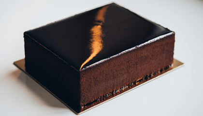 A rectangular chocolate cake with a glossy dark chocolate glaze and a dusting of cocoa powder on the sides.