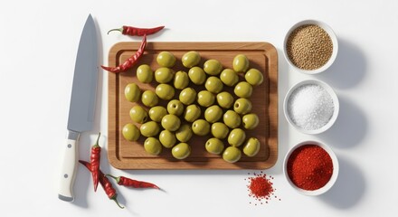 Green olives with spices, chili peppers, and knife on white background