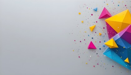 Clean Grey-White Background with Floating Colorful Geometric Triangles and Dotted Clusters, Futuristic Abstract Geometry