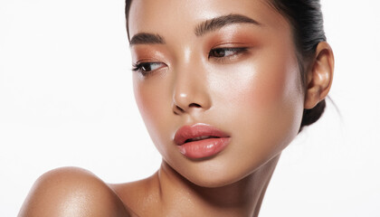 A beautiful young Asian woman with glowing skin and natural makeup looking away.