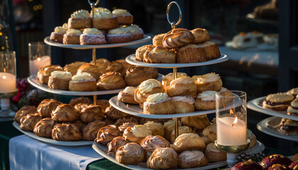 An elegant display of various pastries and baked goods on tiered stands, illuminated by soft candlelight at a festive event.