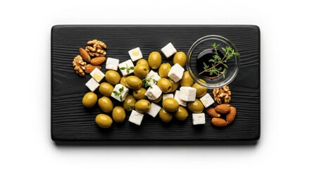 Green olives with feta cheese, walnuts, and balsamic vinegar on a dark wooden board