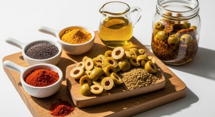 Assortment of mediterranean spices, olive oil, and olives on wooden board for cooking and flavoring