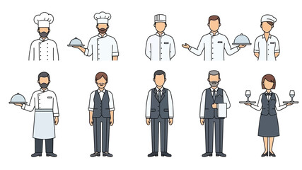 Diverse restaurant staff illustration chefs waiters and waitresses in uniform