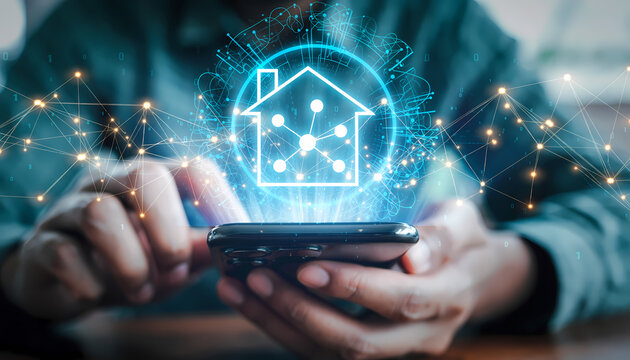 Person using smartphone with digital smart home technology interface. - Powered by Adobe