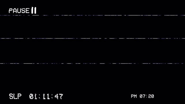 4K VHS Pause Screen Effect with Analog Static Glitch Overlay, Vintage Video Tape Distortion, Old Camera OSD Text on Black Background, Retro 80s 90s Style Loop 4k video animation seamless loop