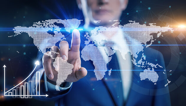 Businessman interacting with digital world map and data analytics interface. - Powered by Adobe